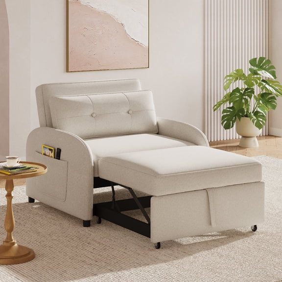 3-in-1 Convertible Sleeper Sofa Bed with Pillow and Side Pocket, Loveseat Sleeper Sofa Couch Chair in Soft Cotton Linen for Living Room, Bedroom, Study, Apartment, Beige