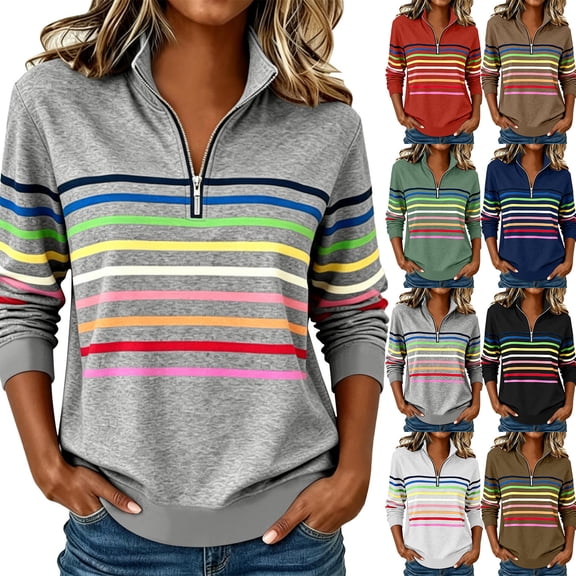 DIOAZUD Women's 1/4 Zip Pullover Sweatshirts Striped Stand Collar Long Sleeve Sweatshirt Casual Fall Tops for Daily Wear