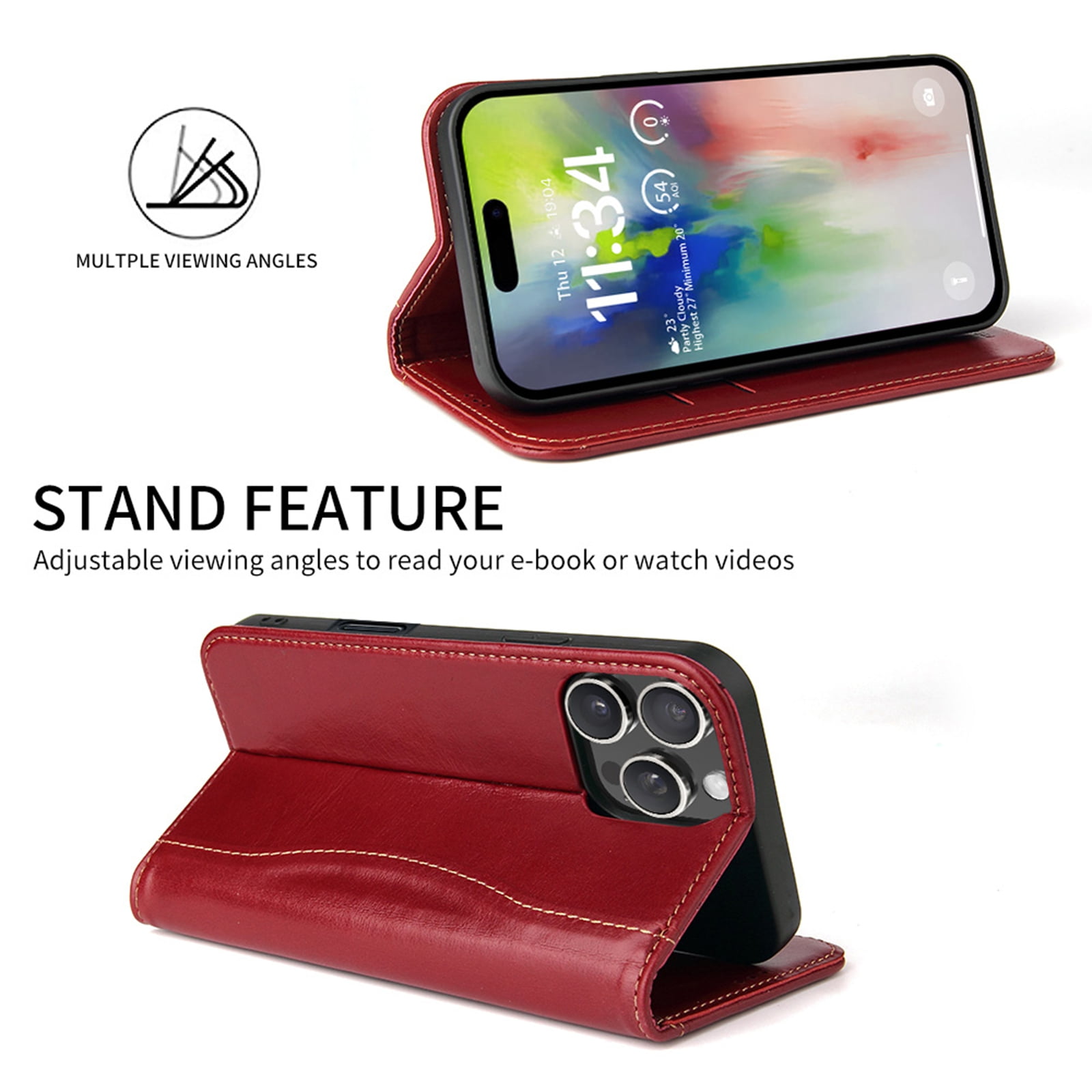 ShellTech for iPhone 16 Pro Leather Wallet Case,Luxury Genuine Vintage Leather [Slim and Durable] with Card Slot & Kickstand [Magnetic Closure] Flip Folio Case,Red