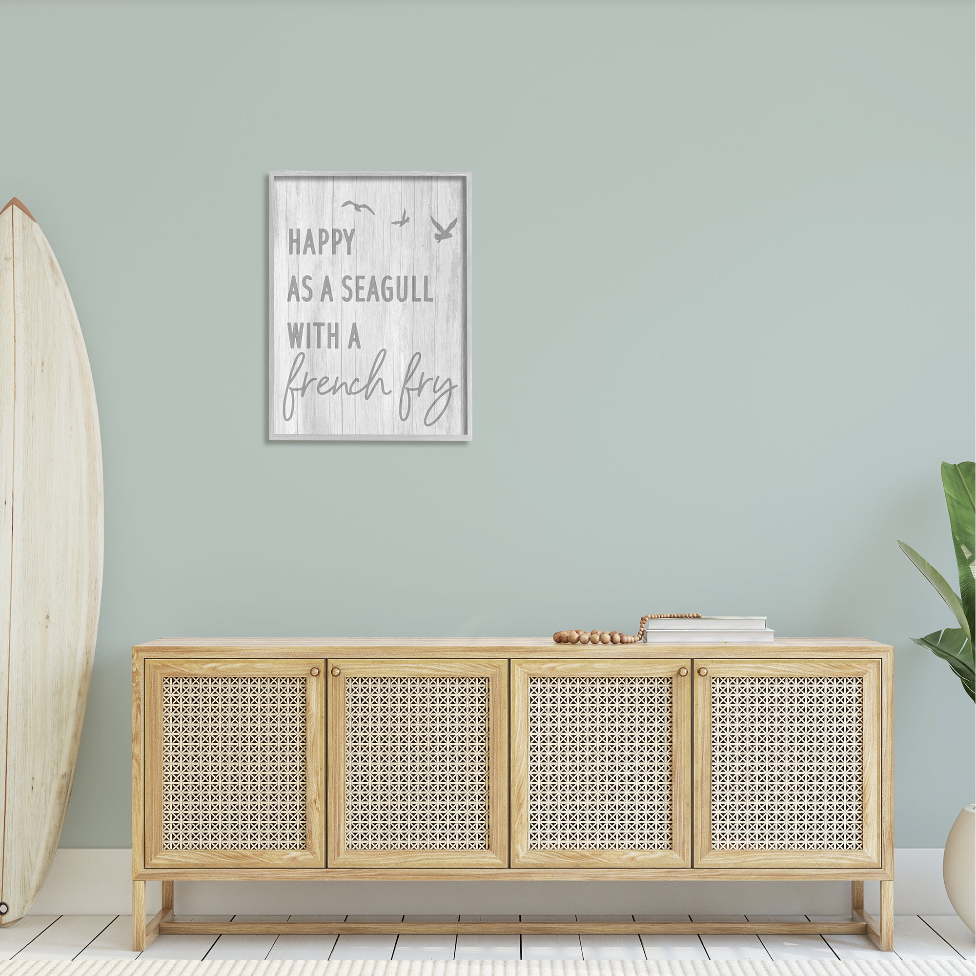 Stupell Industries Funny Happiness Phrase Rustic Seagull Beach Humor Graphic Art Gray Framed Art Print Wall Art, Design by Daphne Polselli