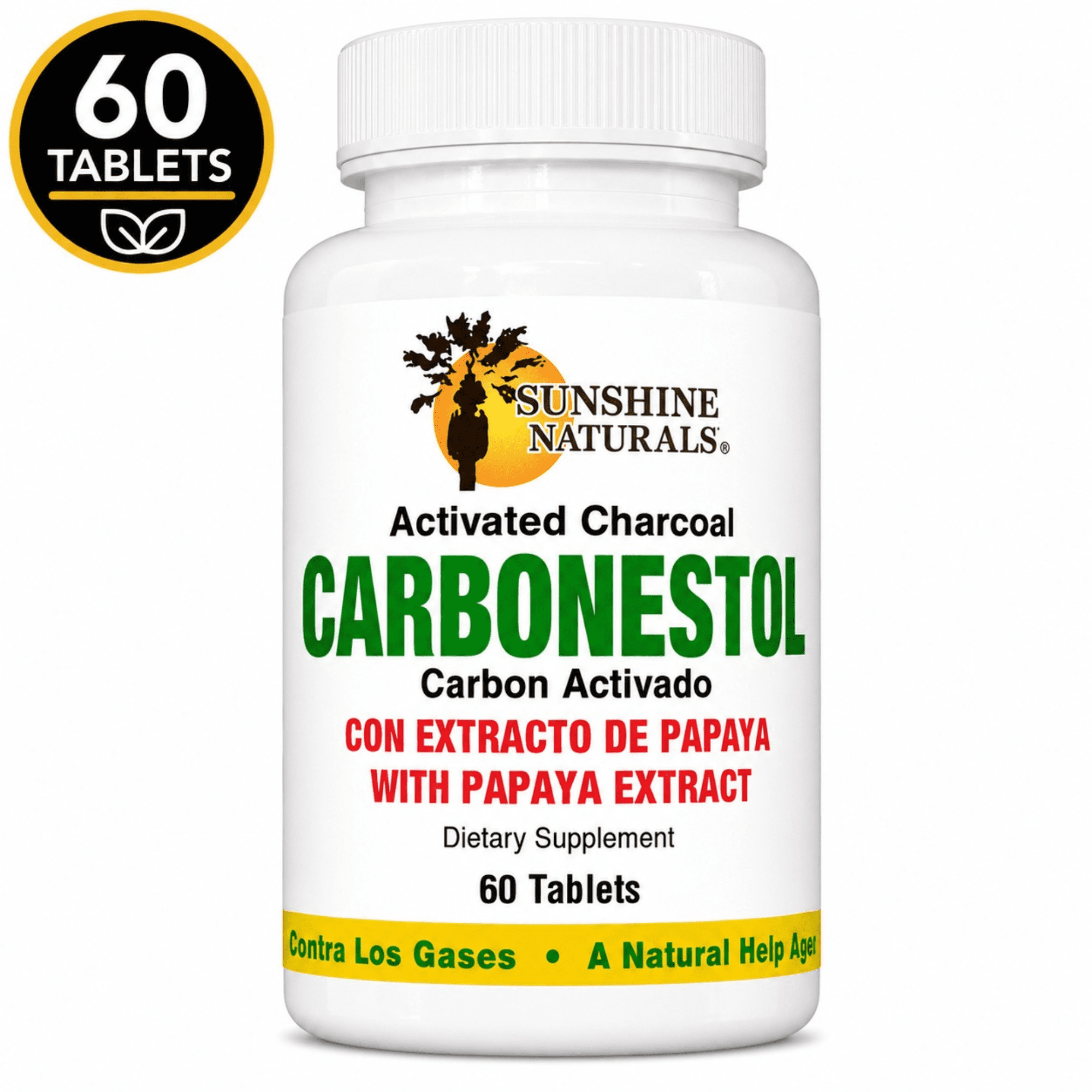 Sunshine Naturals Carbonestol Activated Charcoal with Papaya Extract Tablets, 60 Tablets, 1 Pack