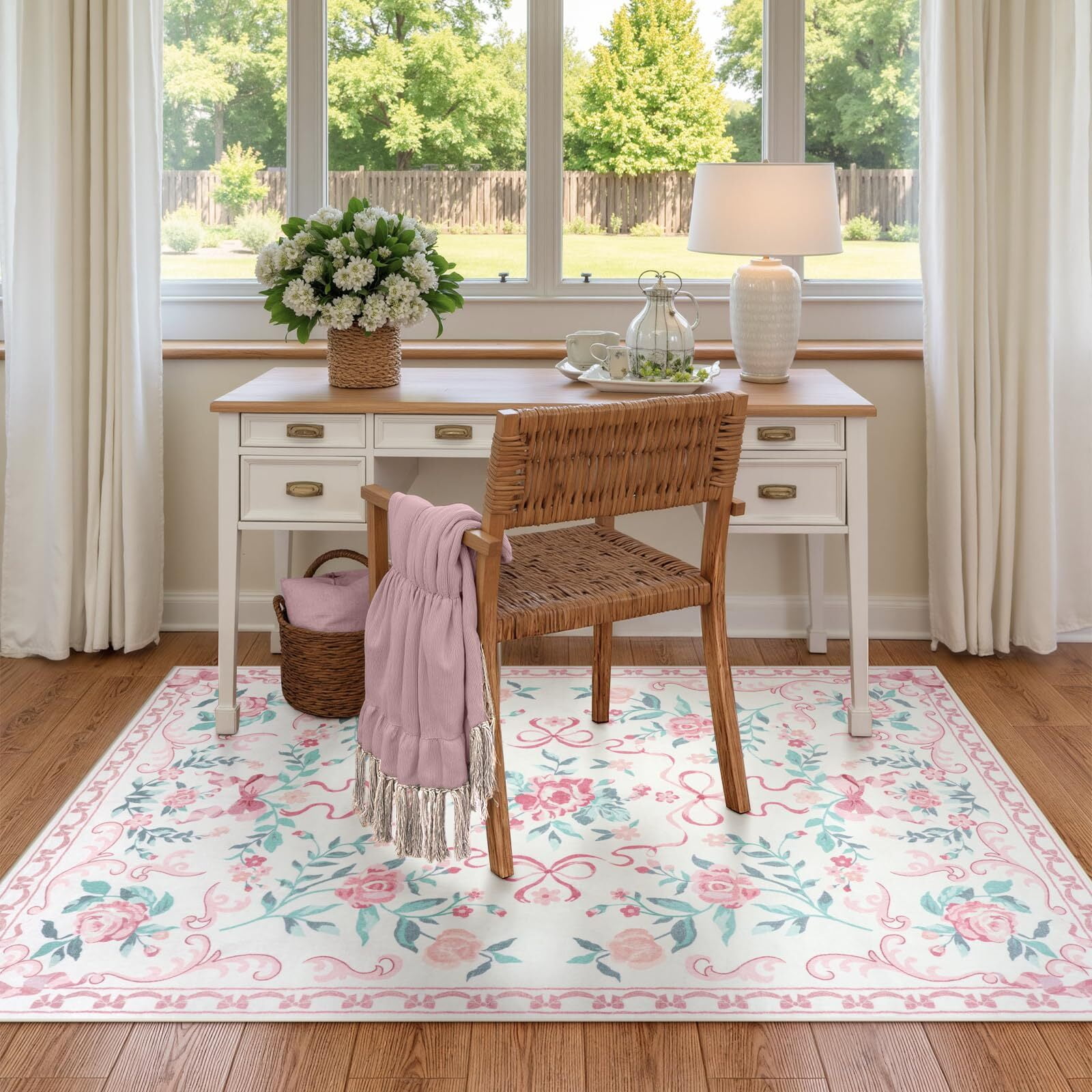 Wonnitar 3'x 5' Floral Area Rugs for Bedroom, Cute Bow Pink Rugs for Kids Room, Washable Accent Rugs Non Slip Low Pile for Nursery Room, Playroom, Vanity Room