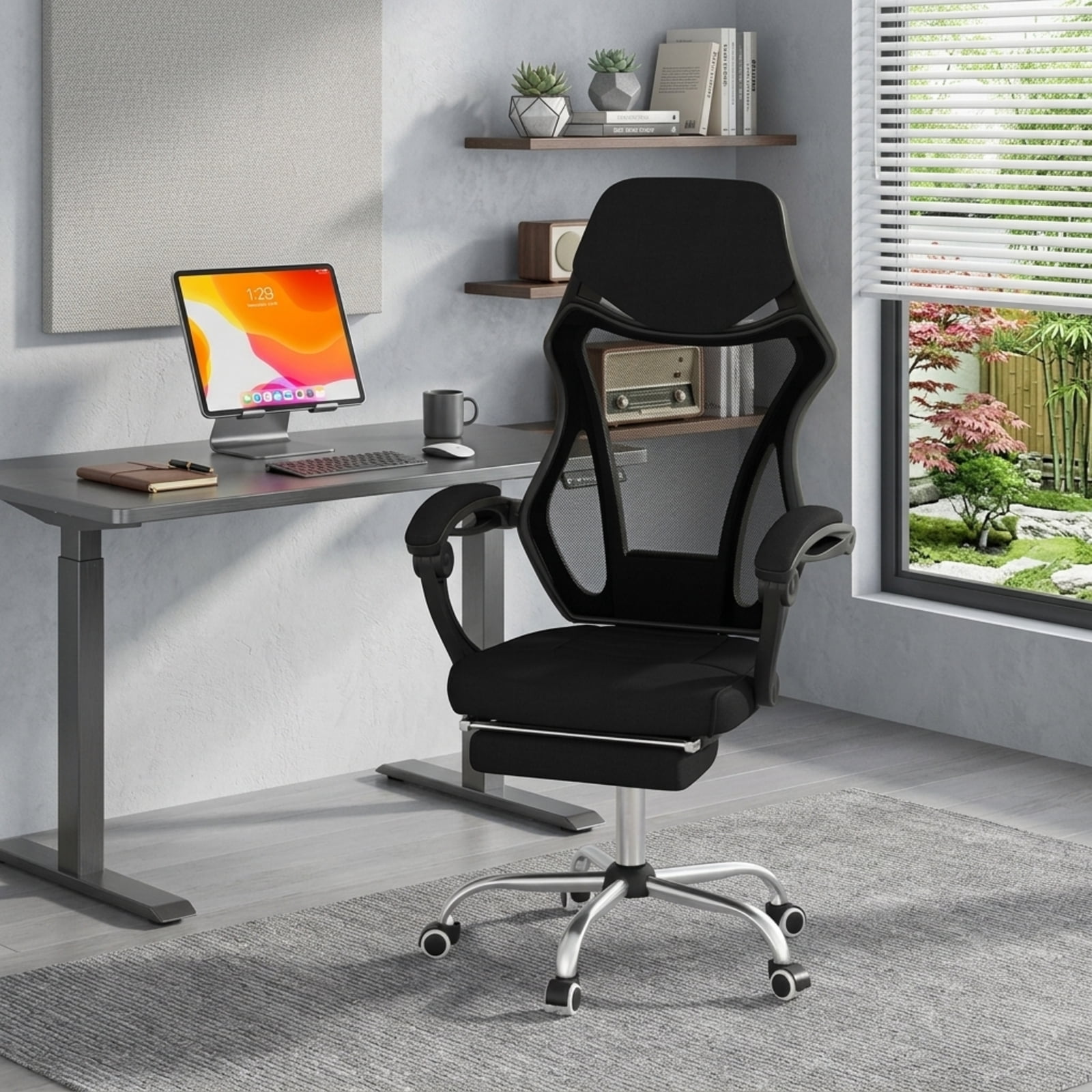 Furnibear Ergonomic Mesh Office Chair High Back Breathable Computer Chair with Retractable Footrest Tilting Backrest and Headrest, Black