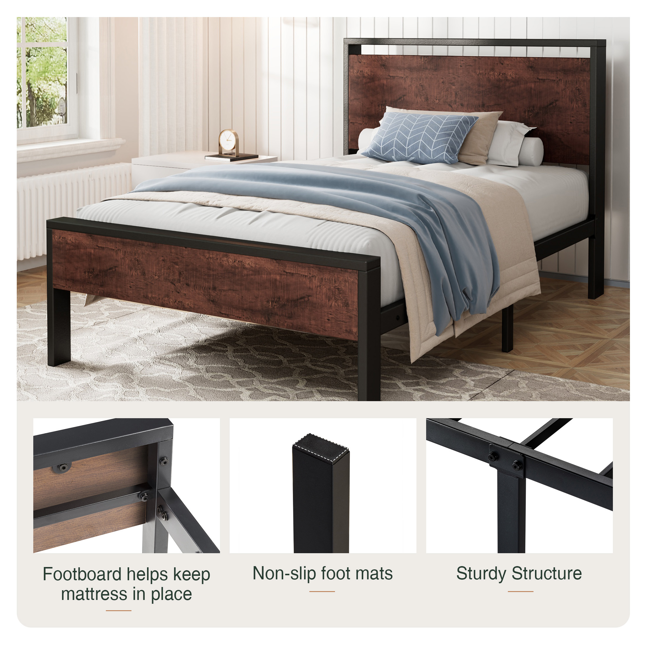 Amolife Twin Size Bed Frame, Heavy Duty Metal Platform Bed with Wooden Headboard & Footboard, No Box Spring Needed, Mahogany