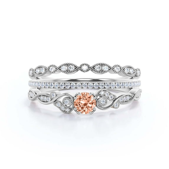 Vintage Look Boho & hippie 1.75 Carat Round Cut Morganite And Diamond Moissanite Engagement Ring, Wedding Ring in 925 Sterling Silver With 18k White Gold Plating, Promise, Trio Set, Matching Band