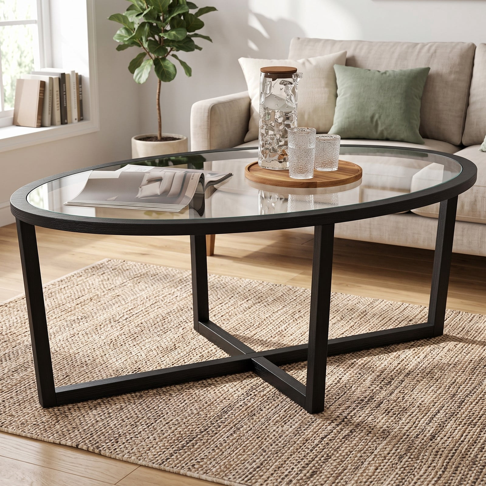 Furnibear Oval Glass Coffee Table, Living Room Center Table with Tempered Glass Top, Cross Base and Solid Acacia Wood Legs, 110 lbs Capacity Accent Sofa Side, Black