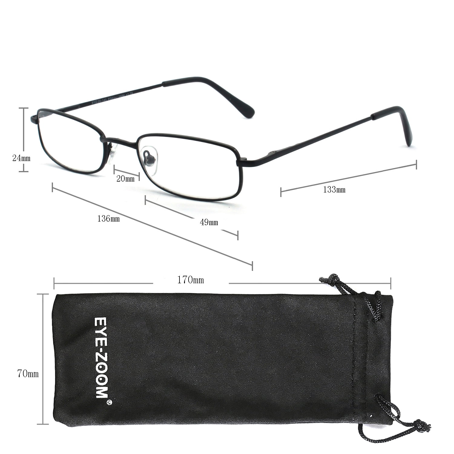 EYE ZOOM 5 Pairs Unisex Classic Rectangular Metal Frame Reading Glasses, Black, +1.50