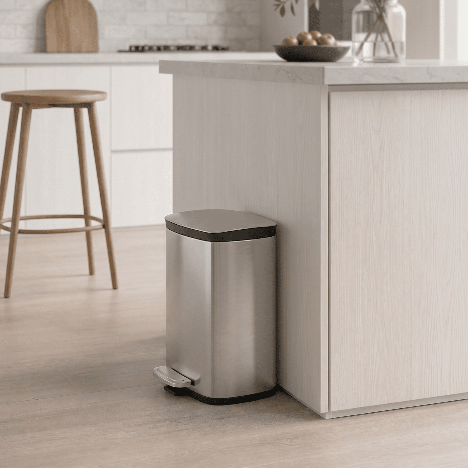 Simplykleen 5L/1.32 Gallon Rectangular Step Trash Can Stainless Steel Garbage Can with Removable Inner Bucket and Side Handle for Bathroom, Bedroom, Office, Silver