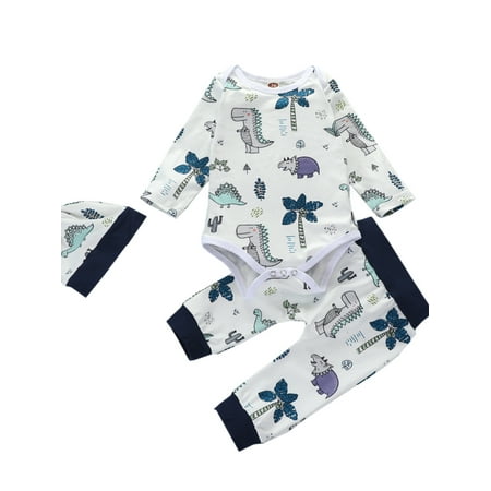 

Toddler Baby Girls Boys Autumn Rompers Top Pants Cartoon Dinosaur Hat Outfits Pajamas Set