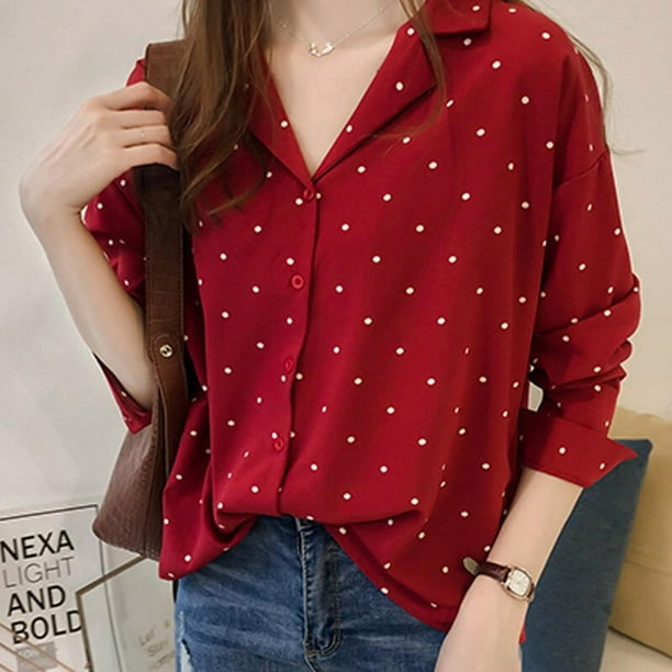 Women's Retro Polka Dot Prints Long Sleeve Chiffon Blouse Tops