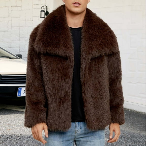 COSFO Casual Men Jacket Brown Open Front Faux Fur Outwear Loose Fit Long Sleeve Lapel Collar Mens Winter Coats