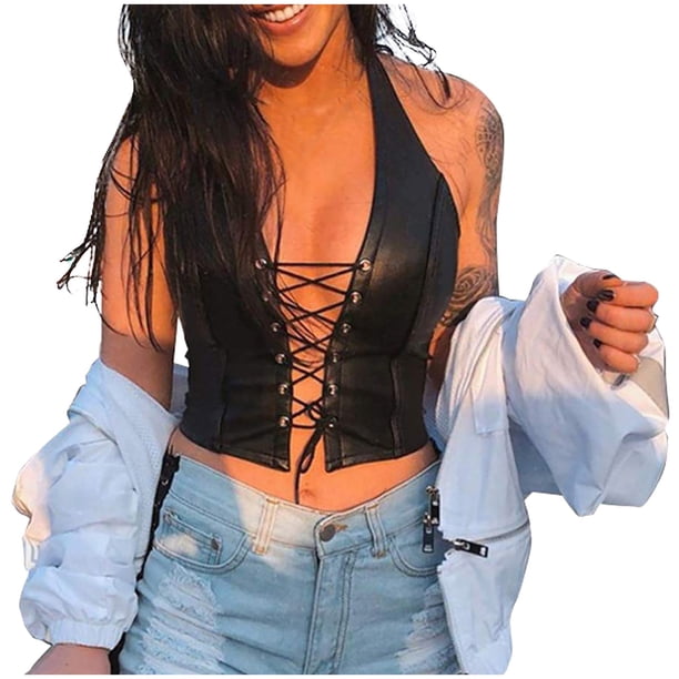 Bouanq - Tops de cuero para mujer, sexys, sin mangas, estilo camisola con cuello halter y cordones, para fiestas informales, festivales y fiestas.
