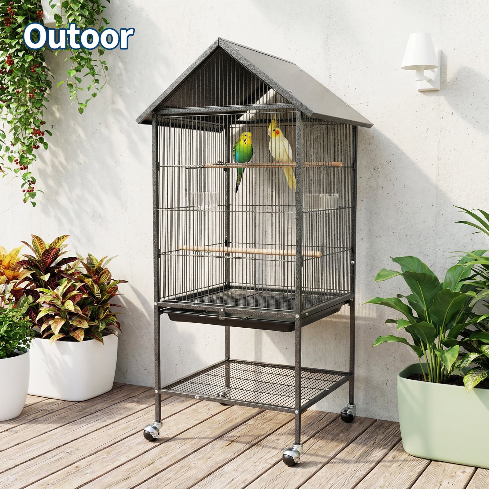 Gaderth 50" H Bird Cage, Outdoor Large Birdcage with Waterproof Roof, Metal Parakeet Cage, Rolling Parakeet Cage Fit for Small and Medium-Sized Birds