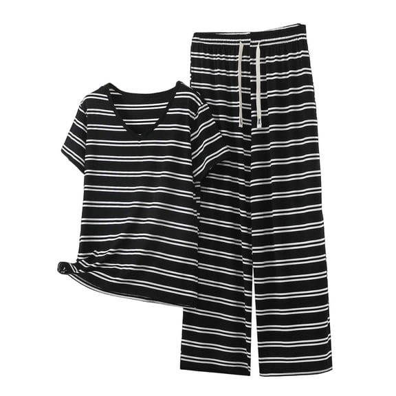 2 Piece Outfits Summer Sets,Womens Two Piece Striped Set Short Sleeve V Neck Top and Wide Leg Pants Matching Sets