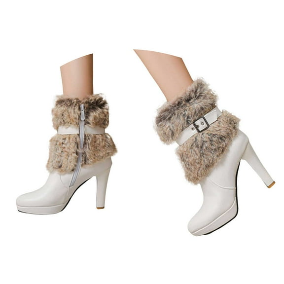YLYL Women's Ankle Boots Pointed Toe Fur Lined High Heel Fashion Winter Warm Short Boots