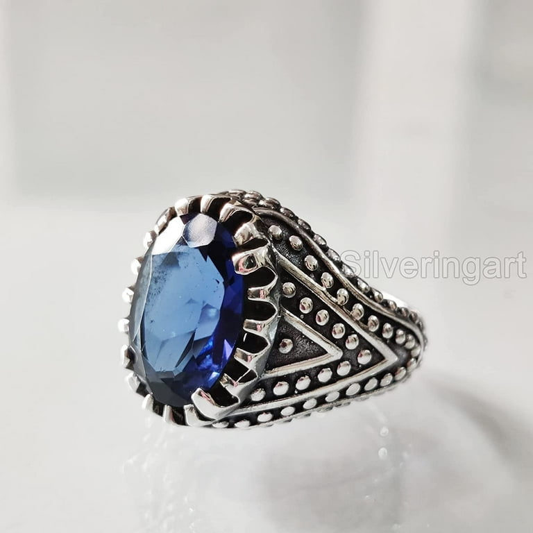 Blue Sapphire Mens Ring, Natural Blue Sapphire, September Birthstone Sapphire, Silver Jewelry, 925 Silver Ring, Birthday Gift, Heavy Mens Ring, Arabic Blue Sapphire Mens Ring, Natural Blue Sapphire, September Birthstone Sapphire, Silver Jewelry, 925 Silver Ring, Birthday Gift, Heavy Mens Ring, Arabic