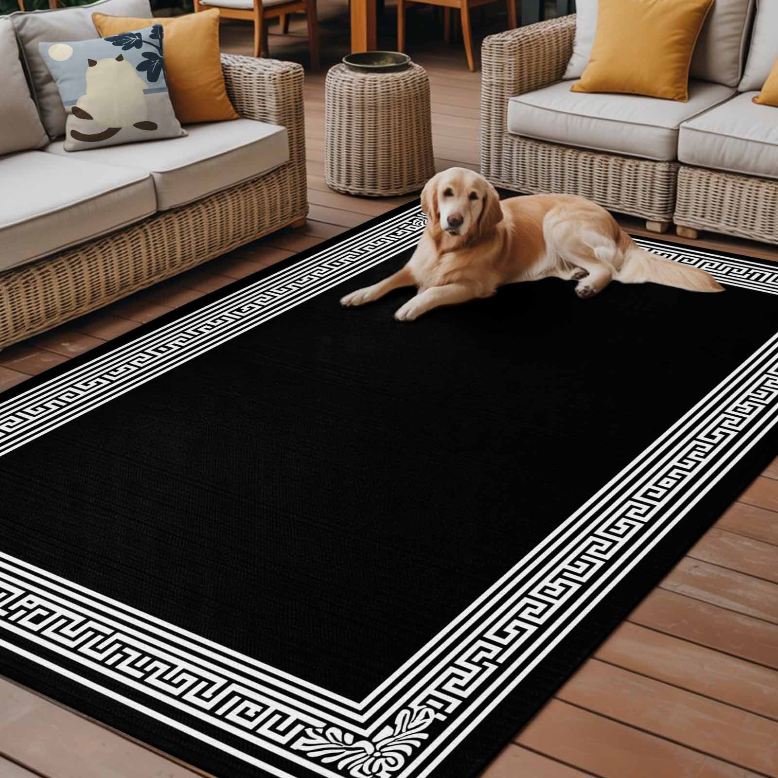 Outdoor Rug 6x9 ft Black White Greek Key Pattern Waterproof Outdoor Patio Rug Mat Non Slip Outside Area Rugs Carpet for RV,Camping,Porch,Deck,Pool,Balconybackyard,Geometric Modern