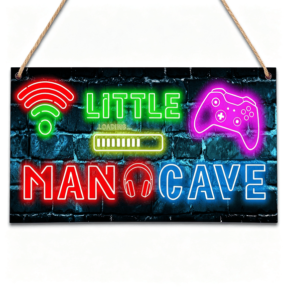 BESTSKY Little Man Cave,Neon Gaming Wooden Door Sign for Gamer Room Decor,Boys Decorations for Bedroom Nursery Playroom Wall Art Gaming Decor (5"X10") -A06