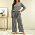 thumbnail image 5 of Women's V-Neck Loungewear Two Piece Set Loose Long Sleeve Top and Straight Leg Full Length Pants Soft Breathable Casual Pajama Set Dark Gray, 5 of 7
