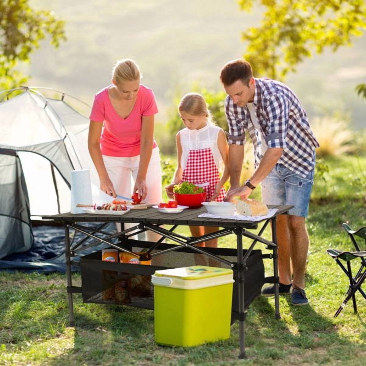 37.2" Folding Camping Table, Aluminum Top & Steel Frame, 220lb Capacity, Mesh Storage Basket, Carry Bag for Outdoor Dining, BBQ, Beach, Backyard