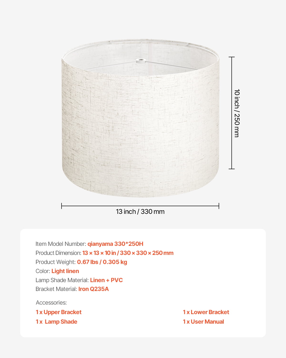 VEVOR Drum Lamp Shade, 13 in Top x 13 in Bottom x 10 in High, Medium Drum Linen Lampshade, Replacement Lamp Shade for Table Lamps Floor Lamps Pendant Lights, Easy Assembly Required (Light Linen)