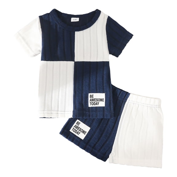 KPOPLK Toddler Baby Boy Clothes Outfits Set Summer 6 12 18 24M 2T 3T Boy Waffle Knit Short Sleeve T Shirt Shorts Set Clothes for Boys(18-24 Months,Blue)