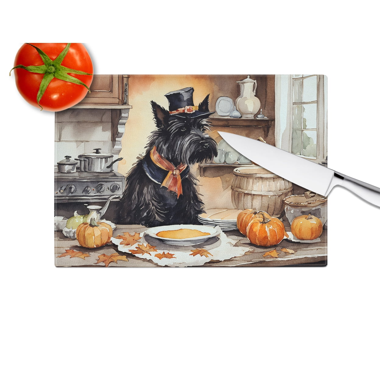 Scottish Terrier Fall Kitchen Pumpkins Glass Cutting Board Large 12 in x 15 in