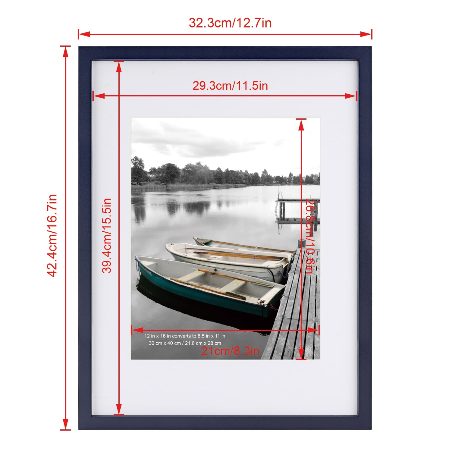Scholartree 12 x 16 5-in-1 Wood Picture Frames Set-12x16 Matted to 8.5x11 Wall Frames, Blue