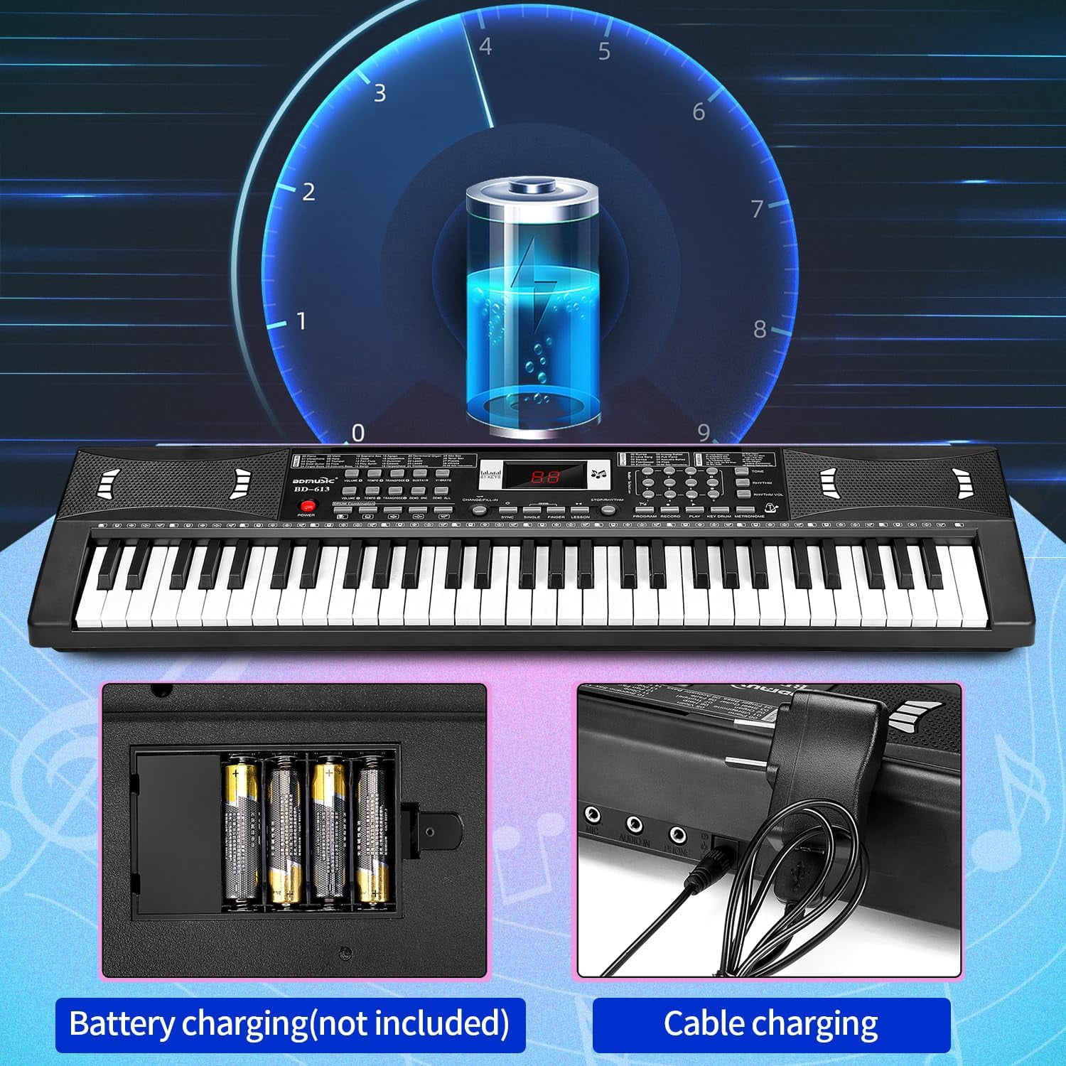 61 Keys Electronic Digital Piano with Microphone, Portable Keyboard for Beginners