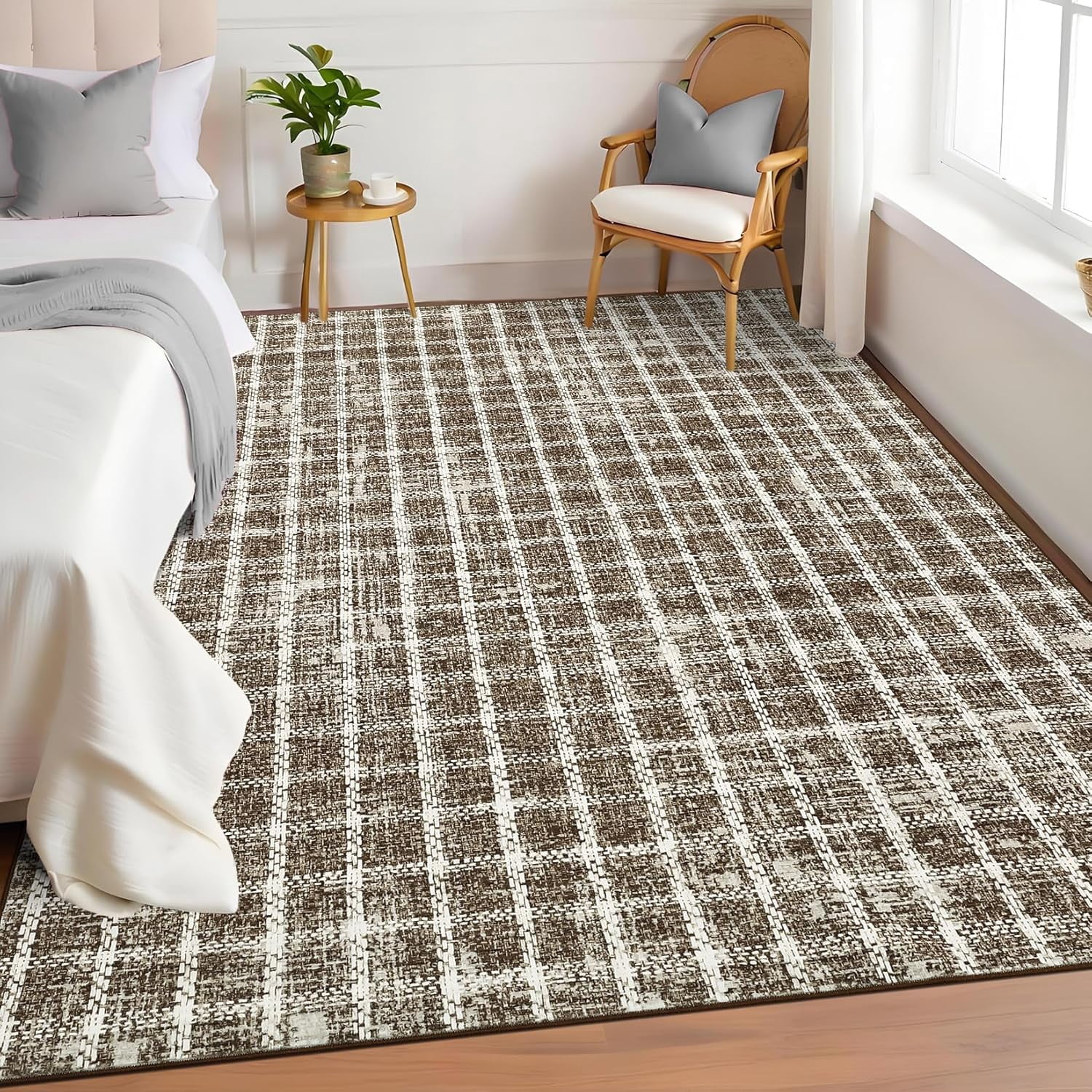 Twister.CK 6' x 9' Plaid Area Rugs, Modern Washable Stain-Resistant Carpet, Non Slip Indoor Rug for Living Room Dining Room Office, Coffee