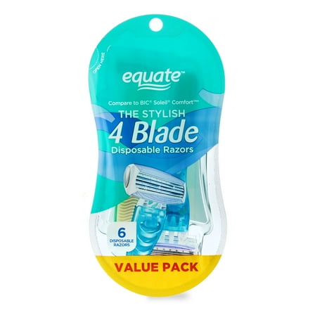 Equate Women's 4 Blade Disposable Razors, Color May Vary (6 Count), Compare to BIC® Soleil® Comfort™