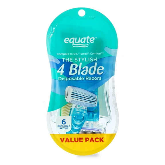 Equate Women's 4 Blade Disposable Razors, Color May Vary (6 Count), Compare to BIC® Soleil® Comfort™