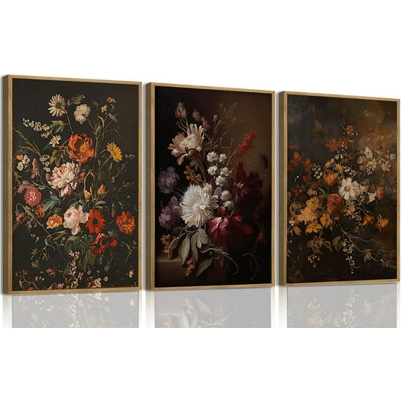 FCCUYE Dark Peony Framed Wall Art Moody Floral Canvas Art Prints Flower Botanical Painting Set of 3 Vintage Pictures Wall Decor Artwork for Living Room Bedroom Office 12x16in