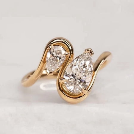 Pear Cut Diamond Toi Et Moi Ring, Statement Ring Promise Ring April Birth Two Stone Ring Nature Inspired Handmade Jewelry Anniversary Gift for Wife