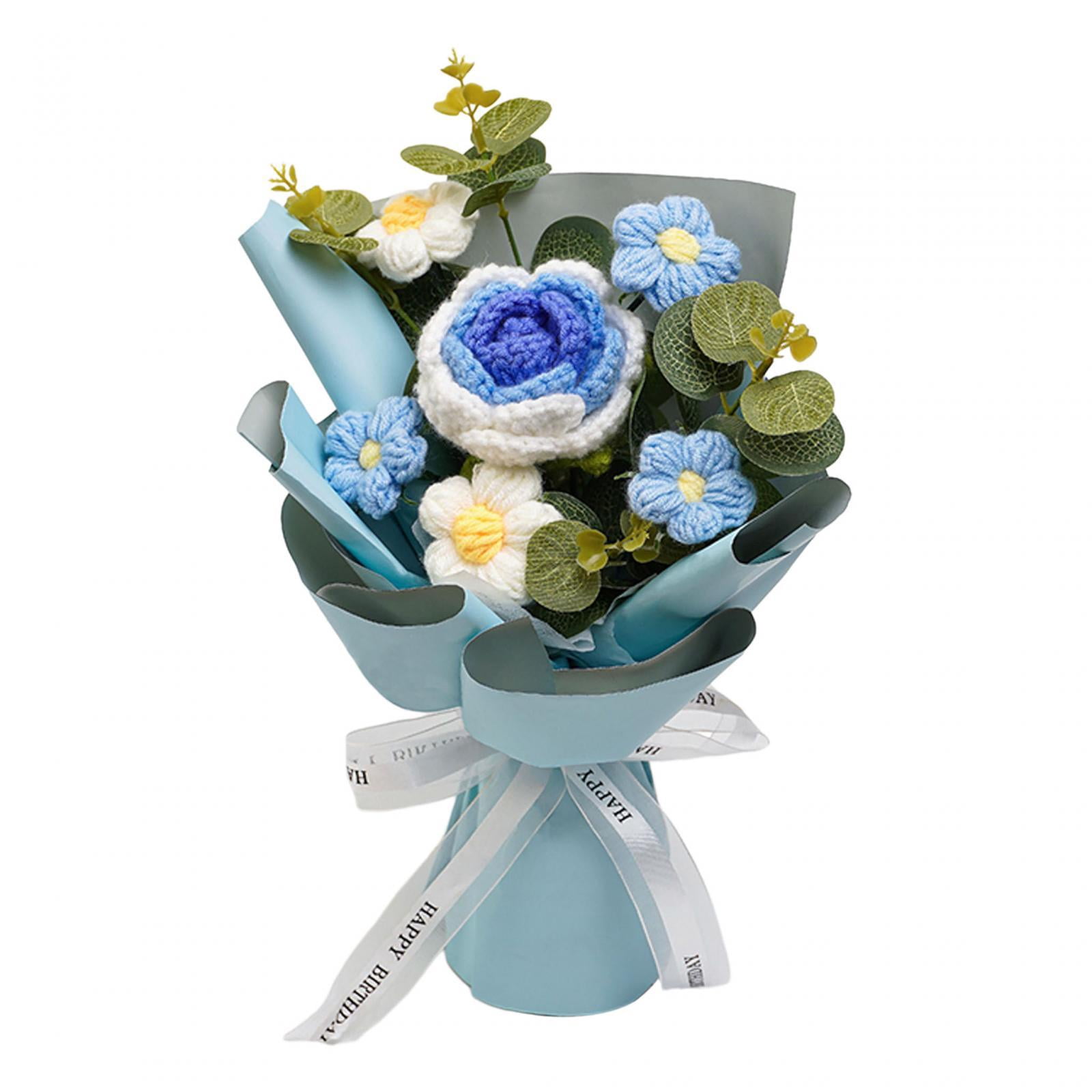Tongina Crochet Flower Bouquet Knitted Flower Finished Handmade Decorative Artificial Flowers Mother's Day Gift for Teacher' Day Her Blue