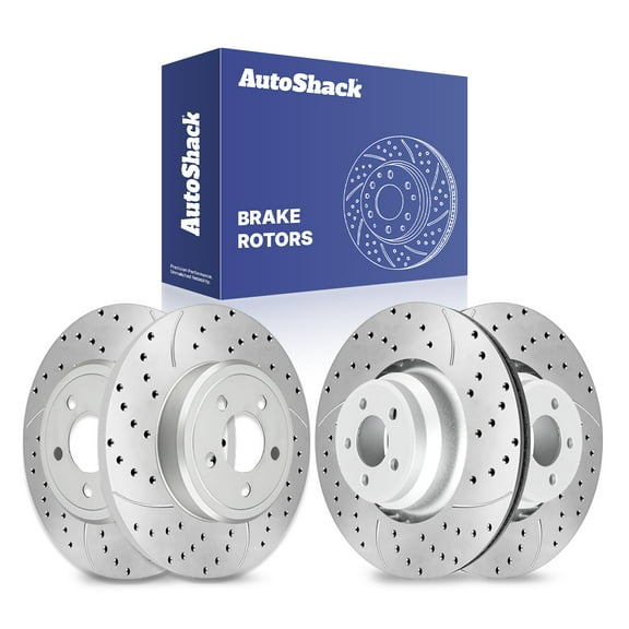 AutoShack Front Vented & Rear Solid Drilled & Slotted Silver Zinc Coated Brake Rotors 4-PC Set Replacement for 2021-2023 Dodge Charger 2021-2023 Dodge Challenger SilverShield Pro