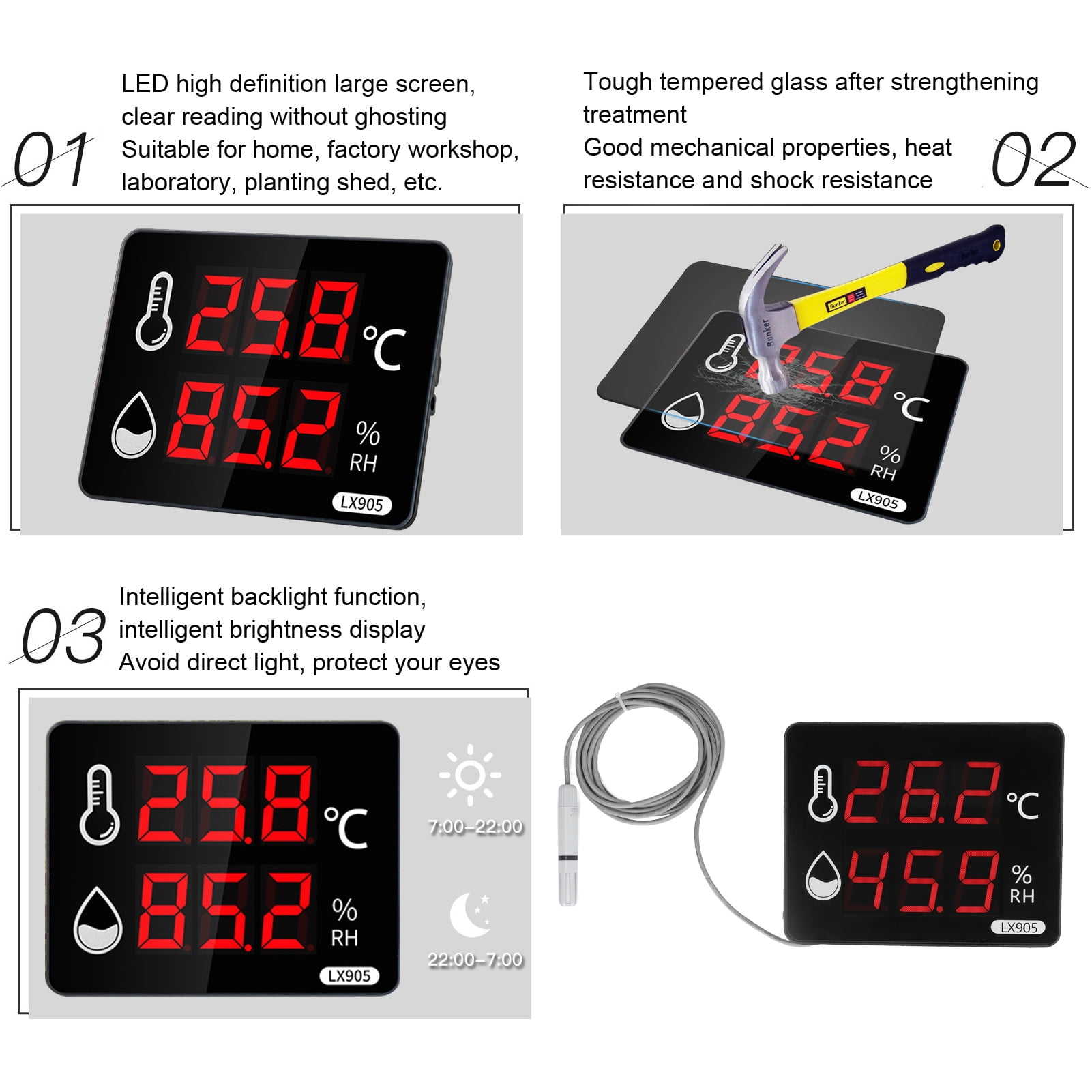 Temperature Humidity Sensor Gauge LED Digital Monitor Indicator Meter LX905‑C