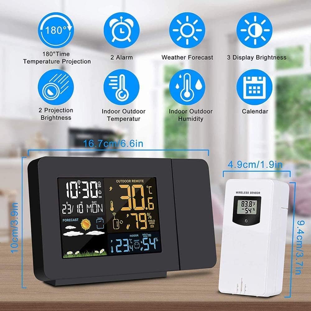 Projection Alarm Clock with Weather Station, Atomic Digital Alarm Clock with Projection on Ceiling,Indoor Outdoor Temperature Humidity Monitor Gauge,for Home Bedroom