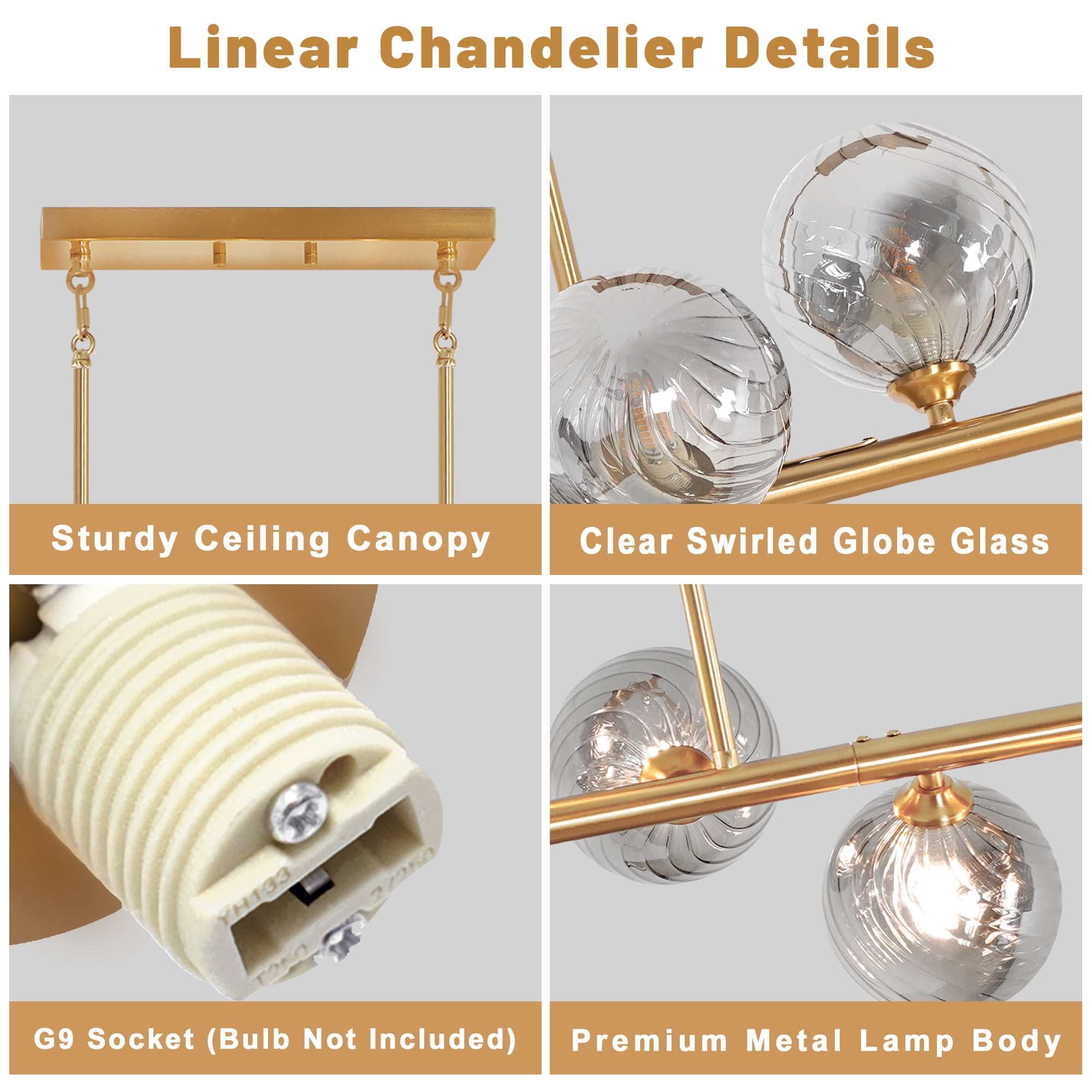 Auffel Dining Room Light Fixtures over Table With Gray Globe 51 Inch,Gold Linear Chandeliers for Dining Room 11 Lights Globe Chandelier for Kitchen Island Swirled Lampshade