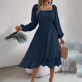 thumbnail image 7 of Ailaofu Women's Solid Color Square Neck Long Sleeve Tie Waist Ruffle Hem A-Line Casual Midi Dress, 7 of 7