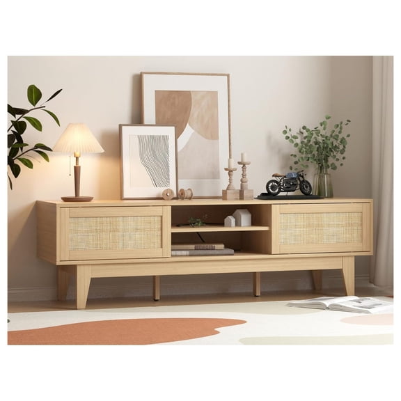 Boho TV Stand for 55 65 Inch TV, Rattan Entertainment Center with Shelves, Cabinets and Sliding Doors, TV Media Console Table with Solid Wood Feet & Cord Holes for Living Room, Bedroom, Natural