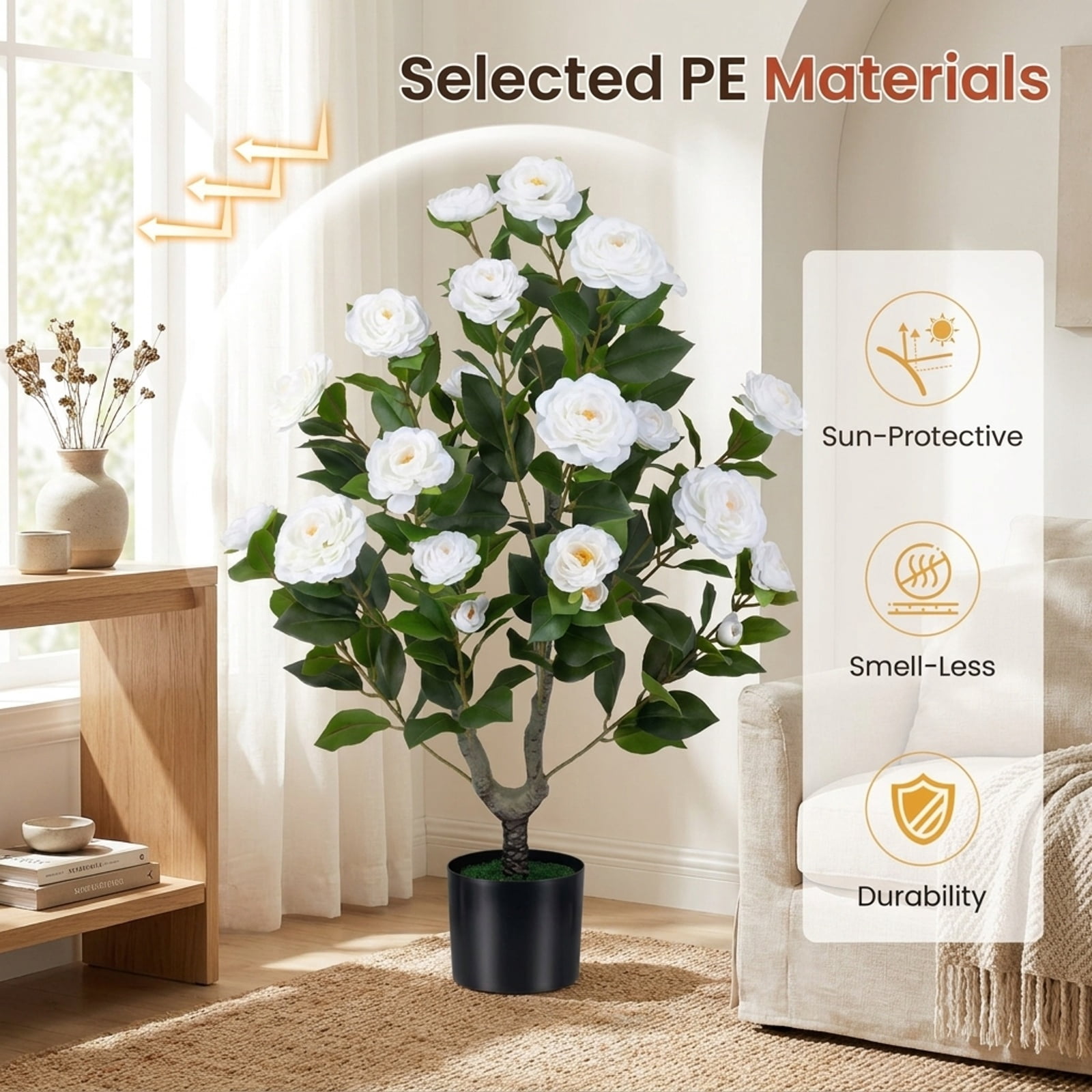 Vebreda Artificial Plant Decor, 2-Pack Artificial Camellia Tree Faux Flower Plant in Cement-Filled Pot, Lifelike & Elegant Design