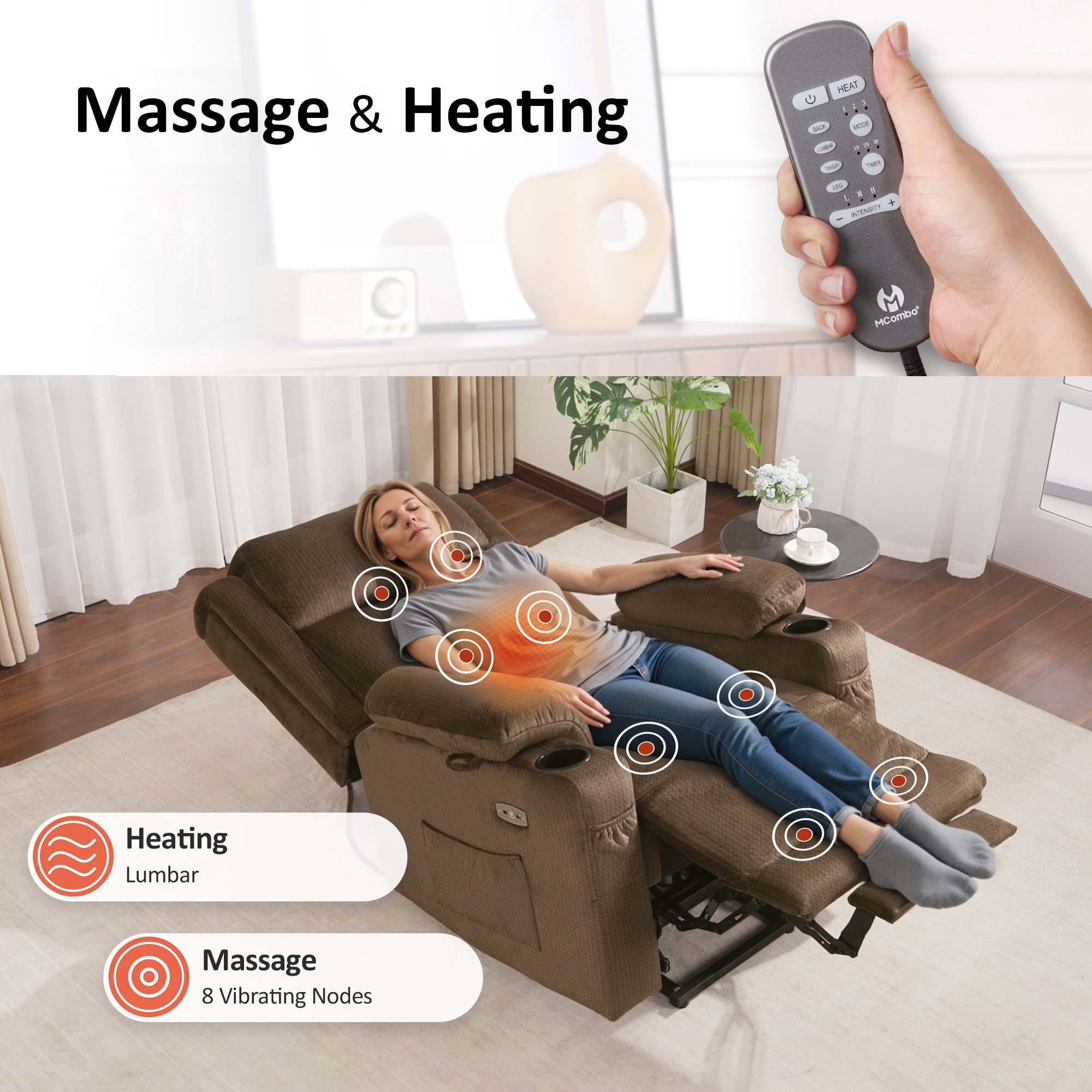 MCombo Lay Flat Triple Motor Power Lift Recliner Chair for Elderly, Adjustable Headrest, Fabric(Brown)
