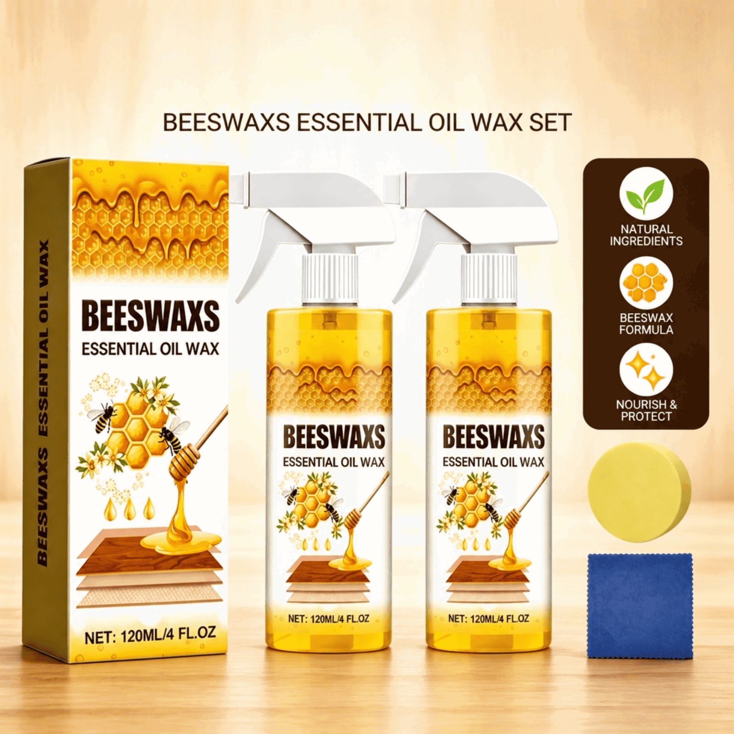 Beeswax Wood Polish Spray, a specialized beeswax and essential oil wax for restoration, suitable for all wooden furniture and floors in the living room and kitchen (2-pack)
