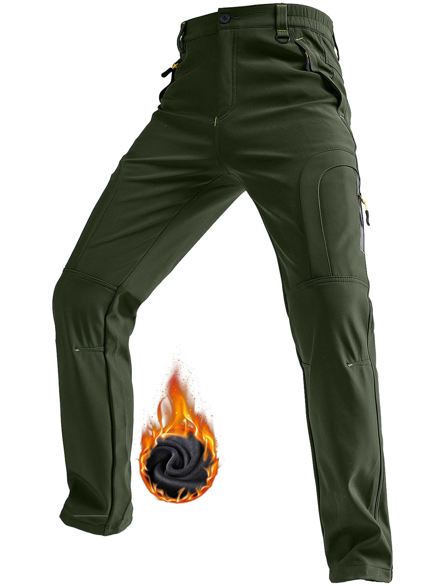 POENTAB Winter Work Pants for Men Fleece Lined Waterproof Insulated Snow Ski Pants for Outdoor Hiking Hunting Clothes Green 30