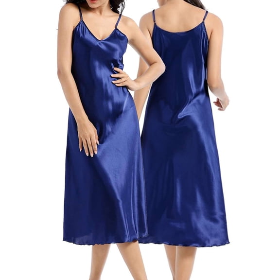 Gustave Silk Satin V Neck Nightgowns for Women Elegant Spaghetti Strap Nightdress Valentines Chemise Lingerie Slip Midi Dress Sleepwear "Blue, S"