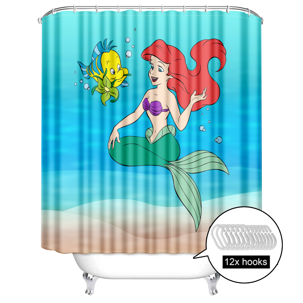 Little Mermaid Ariel 3D Shower Curtain with 12 Hooks, Fabric Cloth