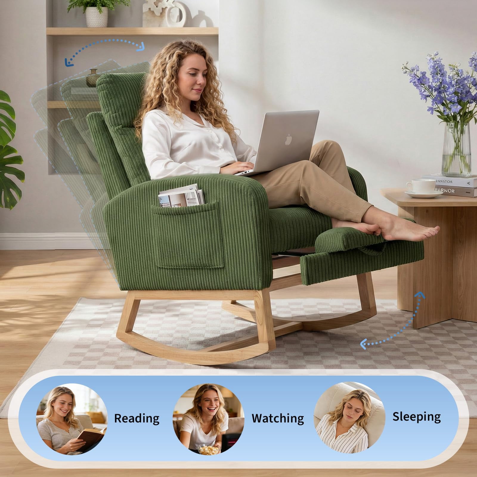 Kicctian Teddy Upholstered Rocking Chair with Extendable Footrest, Wooden Leg Rocking Armchair with Storage Side Pocket, Nursery Accent Seating for Living Room, Bedroom,Green