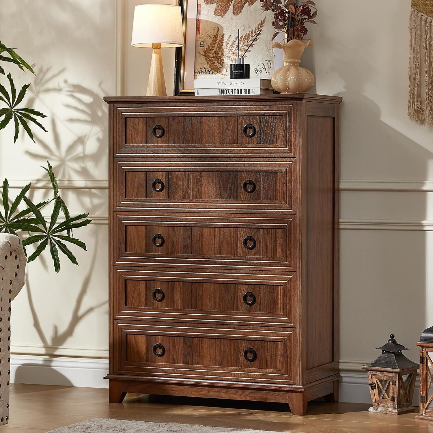 Farmhouse Dresser for Bedroom Set of 2, Modern Wooden 5 Drawer Tall Dresser, Chest of Drawers, Storage Cabine Living Room Hallway, Brown