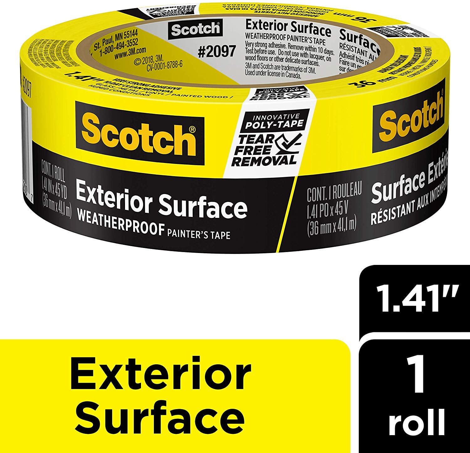 Scotch Painter's Tape 2097-36EC-XS, 1.41' Width, Yellow